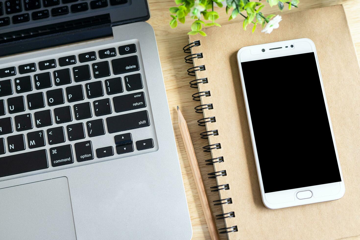 laptop with smartphone on notebook,a pencil and flower pot tree on wooden background,Top view office table. photo