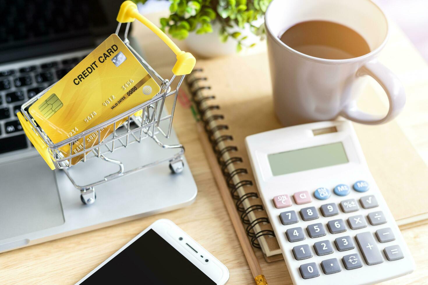 Credit card in Shopping cart with laptop,notebook,flower pot tree,smartphone and calculator on wooden background, Online banking Concept,Top view office table. photo