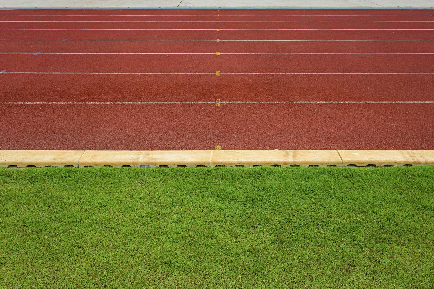 texture of running racetrack red rubber racetracks in outdoor stadium are 8 track and green grass field,empty athletics stadium with track,football field, soccer field. photo