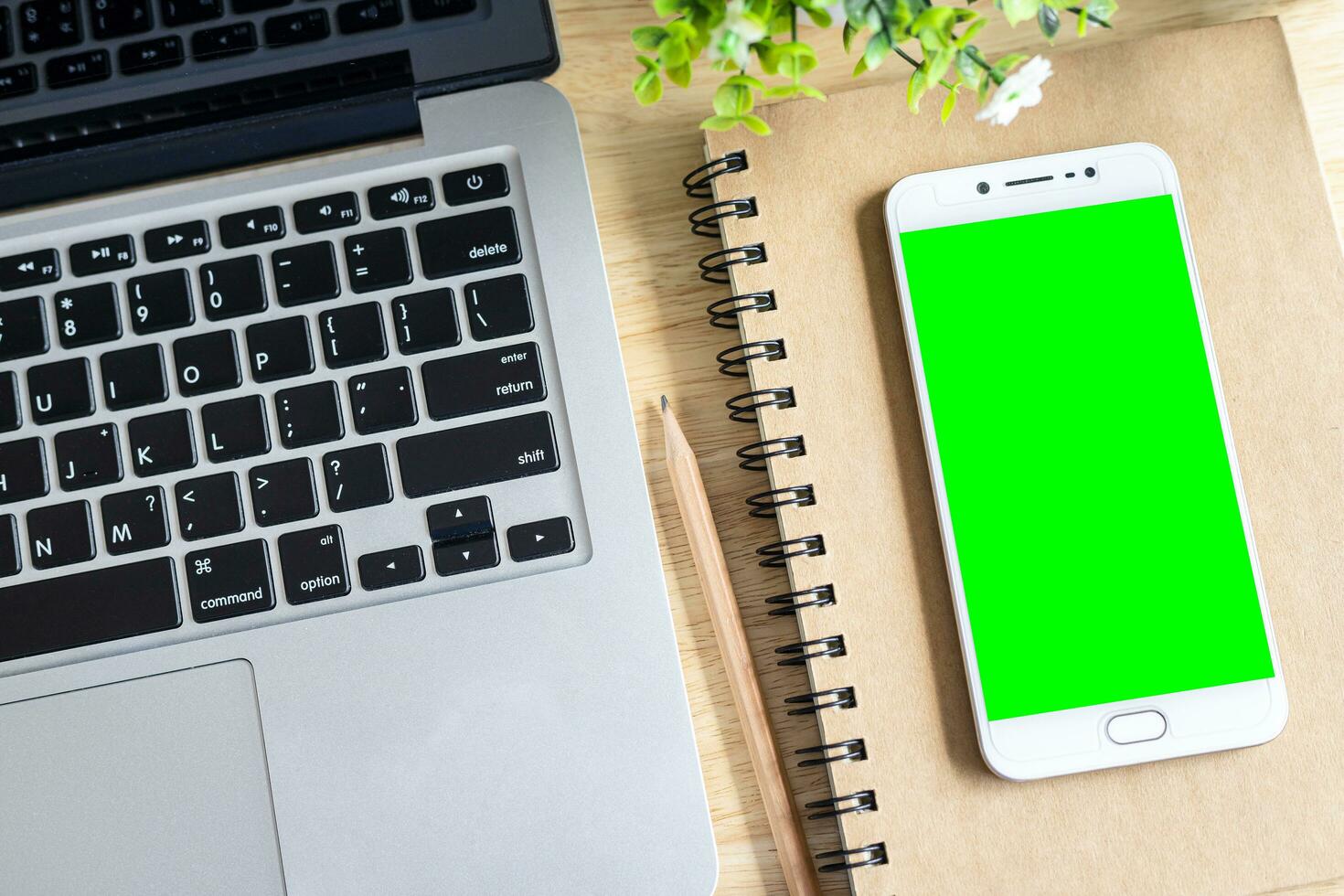 laptop with smartphone on notebook,a pencil and flower pot tree on wooden background,Top view office table. photo