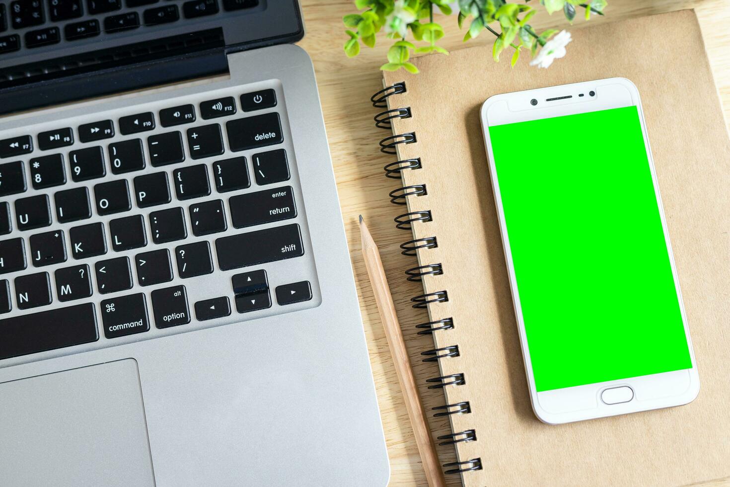 laptop with smartphone on notebook,a pencil and flower pot tree on wooden background,Top view office table. photo