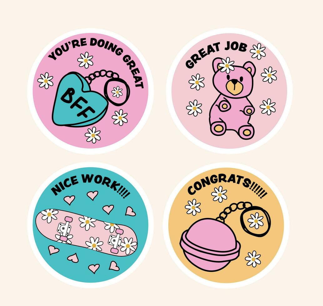 90s well-done stickers pack. Girly well done stickers. vector