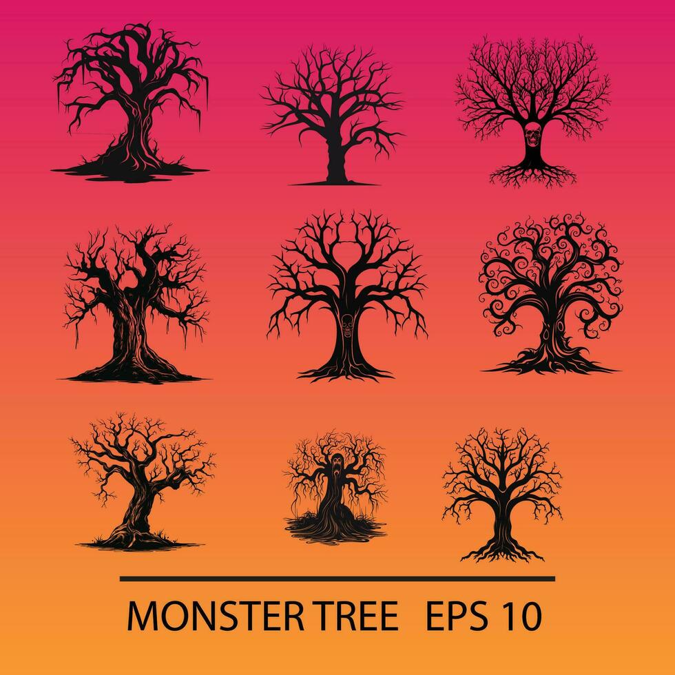 Nine Spooky Monster Trees Against a Gradient Sky vector