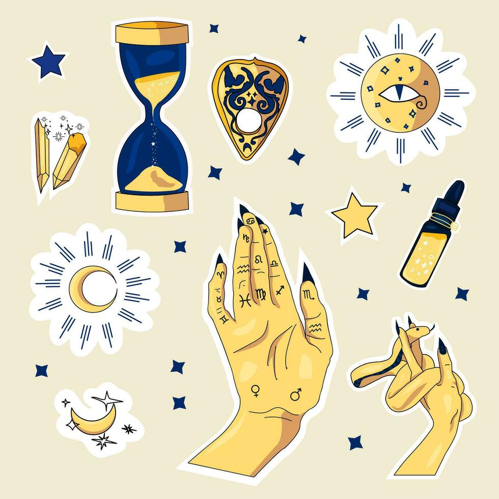 set of esoteric witchy stickers and mystical elements. vector