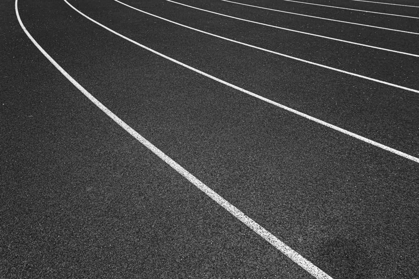 White lines of stadium and texture of running racetrack black rubber racetracks in outdoor stadium are 8 track and green grass field,empty athletics stadium with track. photo