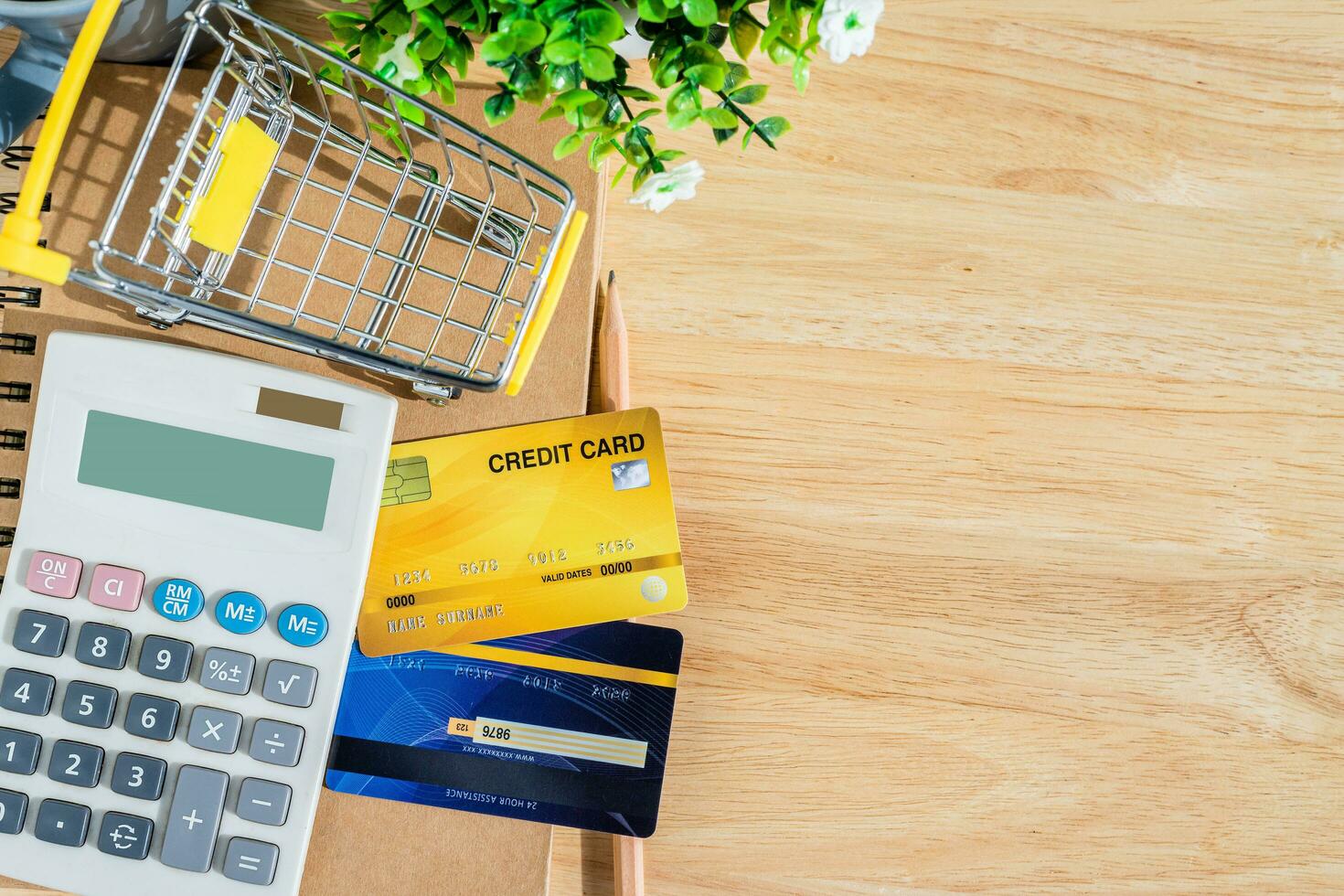 Credit card in Shopping cart with notebook,a pencil,flower pot tree,calculator on wooden background, Online banking Concept,Top view with copy space office table. photo