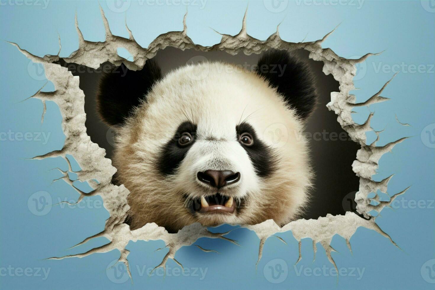 Pandas adorable face pops through torn wall perfect for mockup framing AI Generated photo