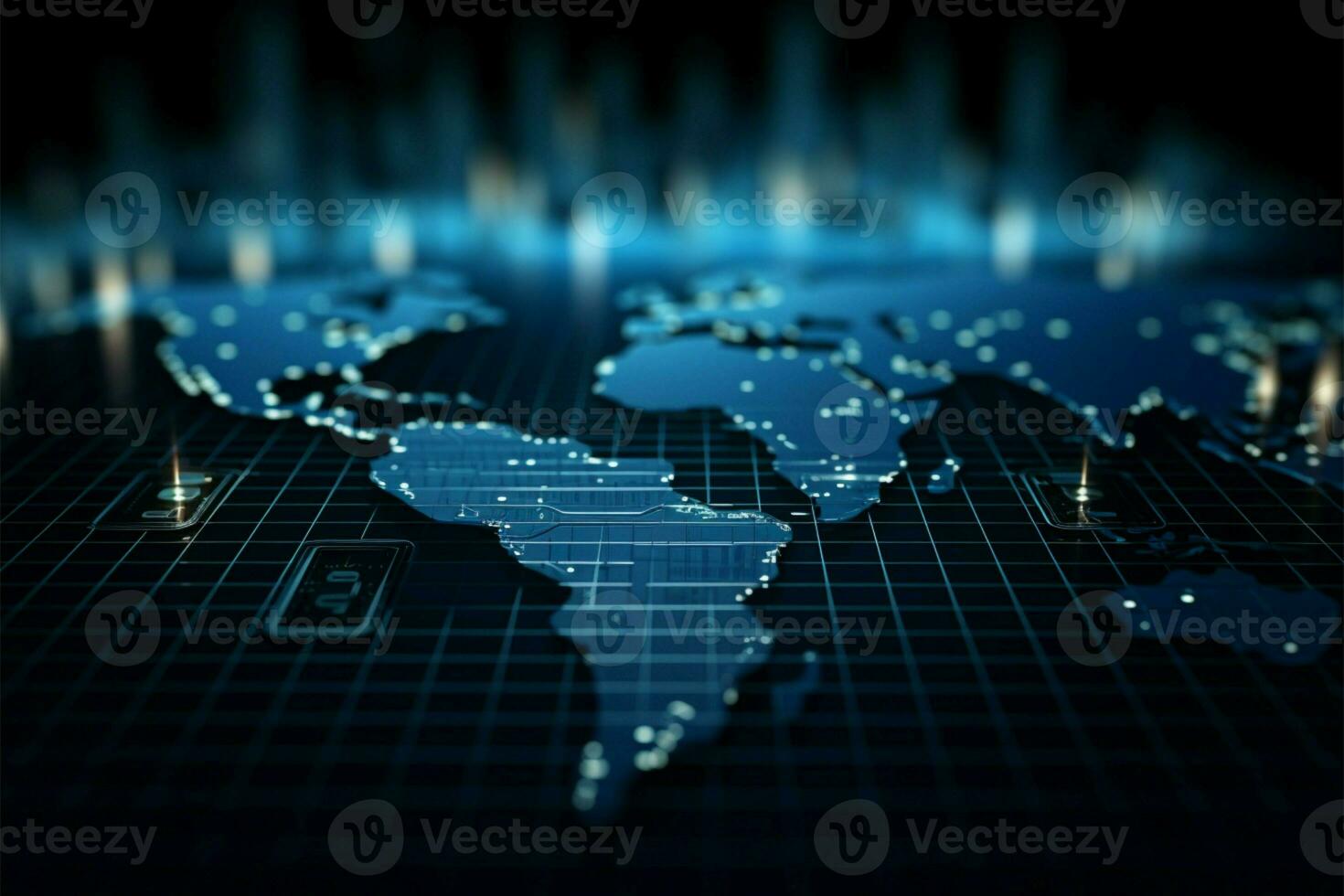 Globally inspired. Abstract tech background features blue polka dot world AI Generated photo