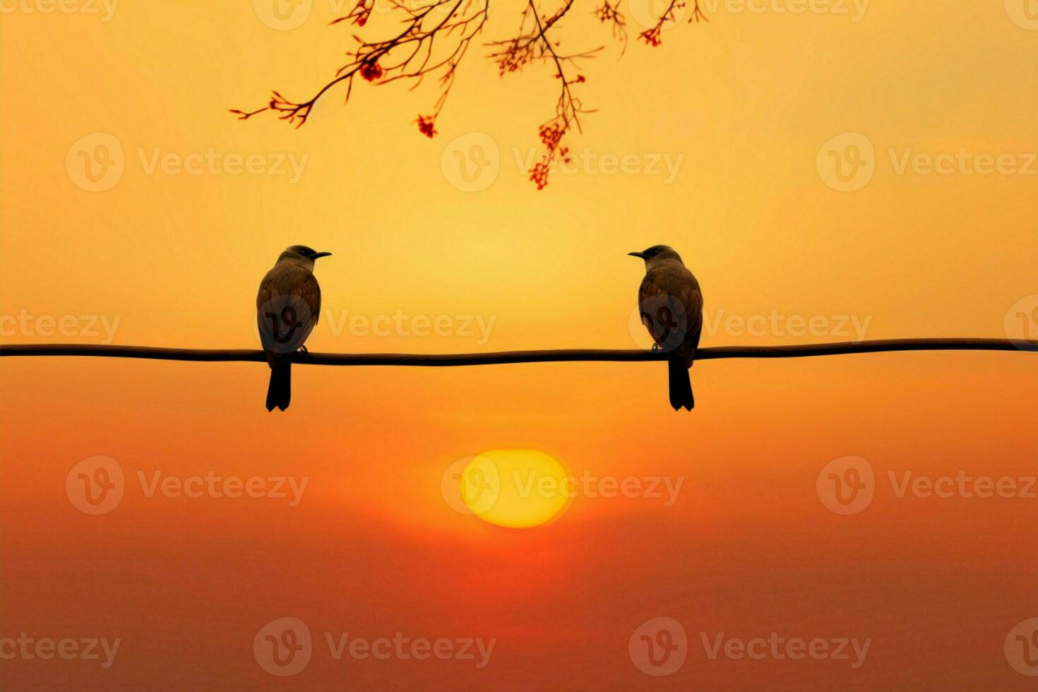 Sunset backdrop frames bird couples silhouette on wire symbolizing affection AI Generated photo