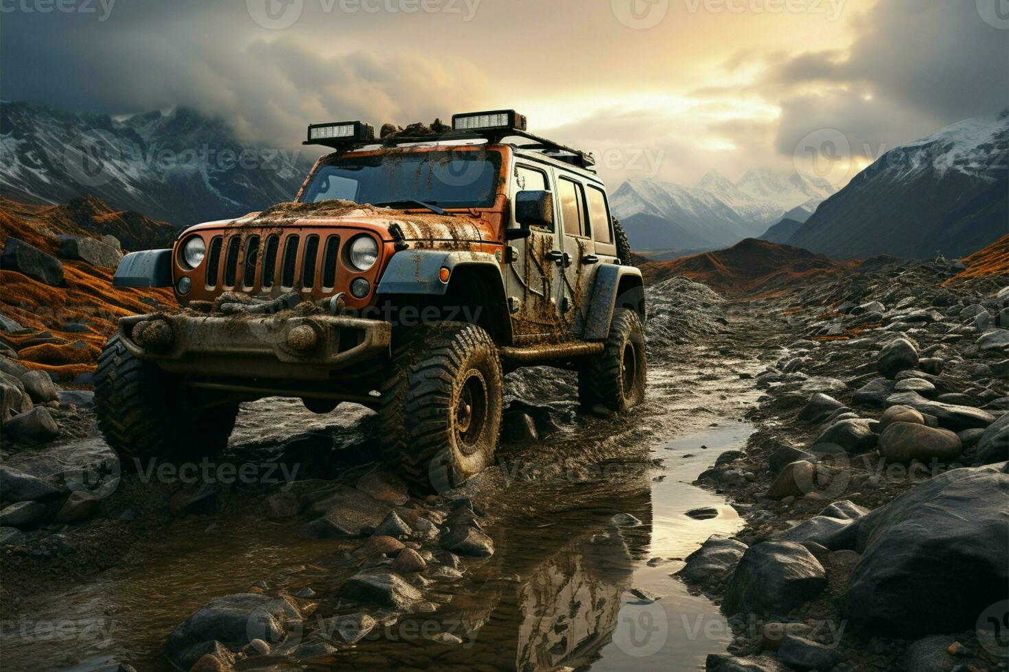 Off road expedition a jeep bravely conquers the harshest, rock strewn landscapes AI Generated photo