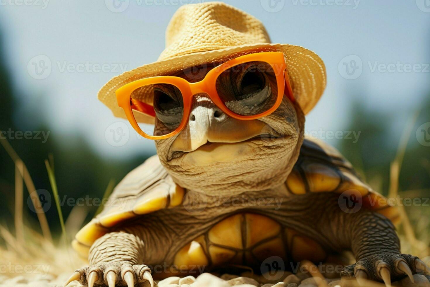 Tortuga en Paja sombrero y sombras exuda el esencia de verano ai generado foto