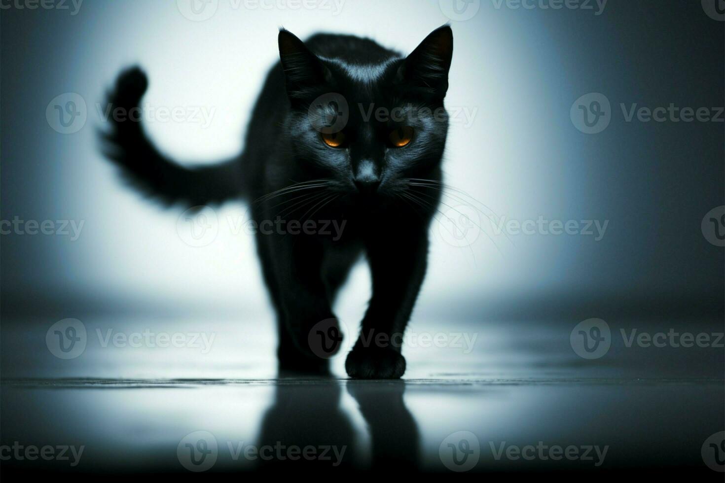 virtual gato zancadas graciosamente, creando dramático sombra en contra texturizado pared ai generado foto
