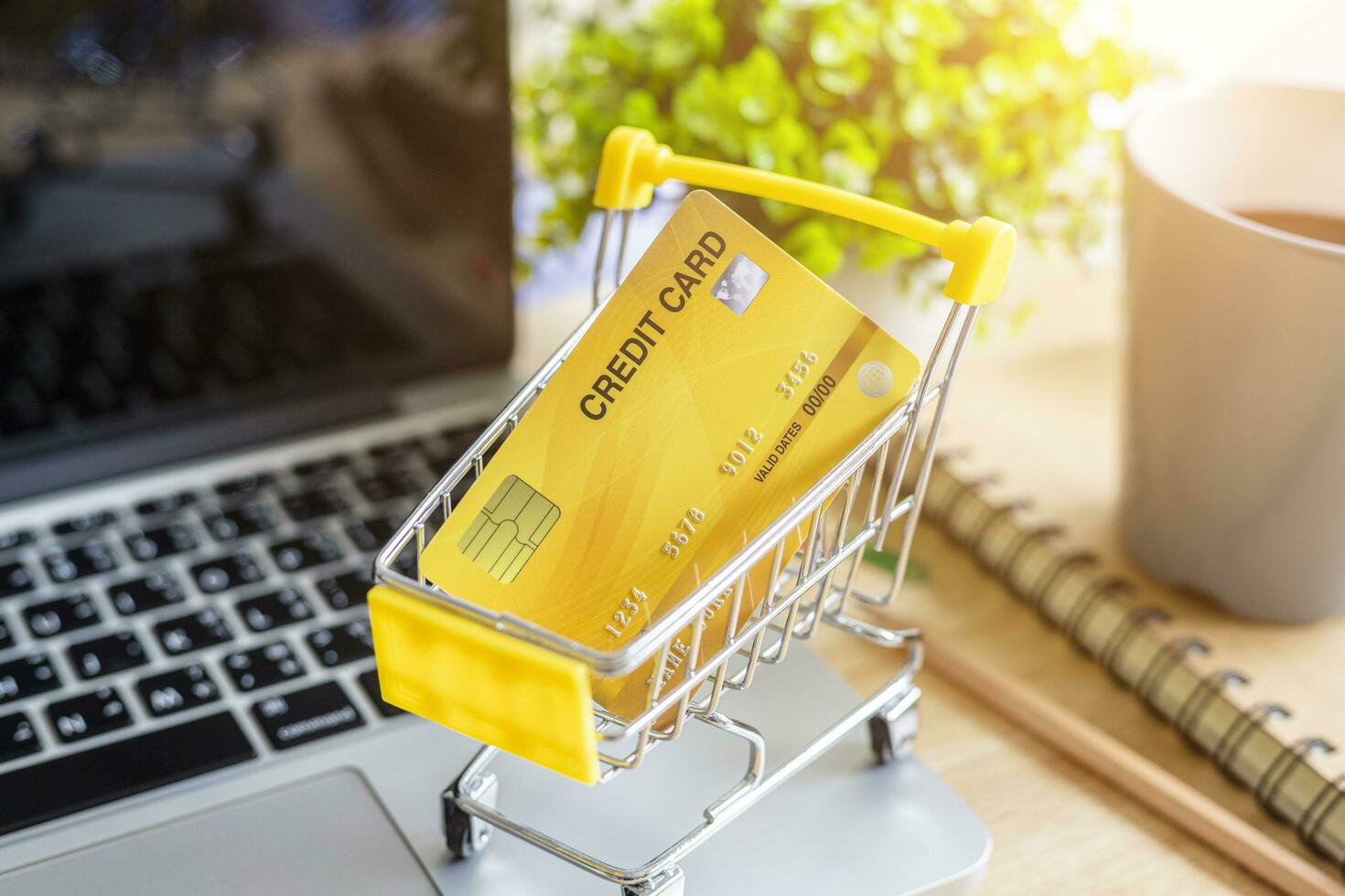 Credit card in Shopping cart with laptop,notebook,flower pot tree on wooden background, Online banking Concept,Top view office table. photo