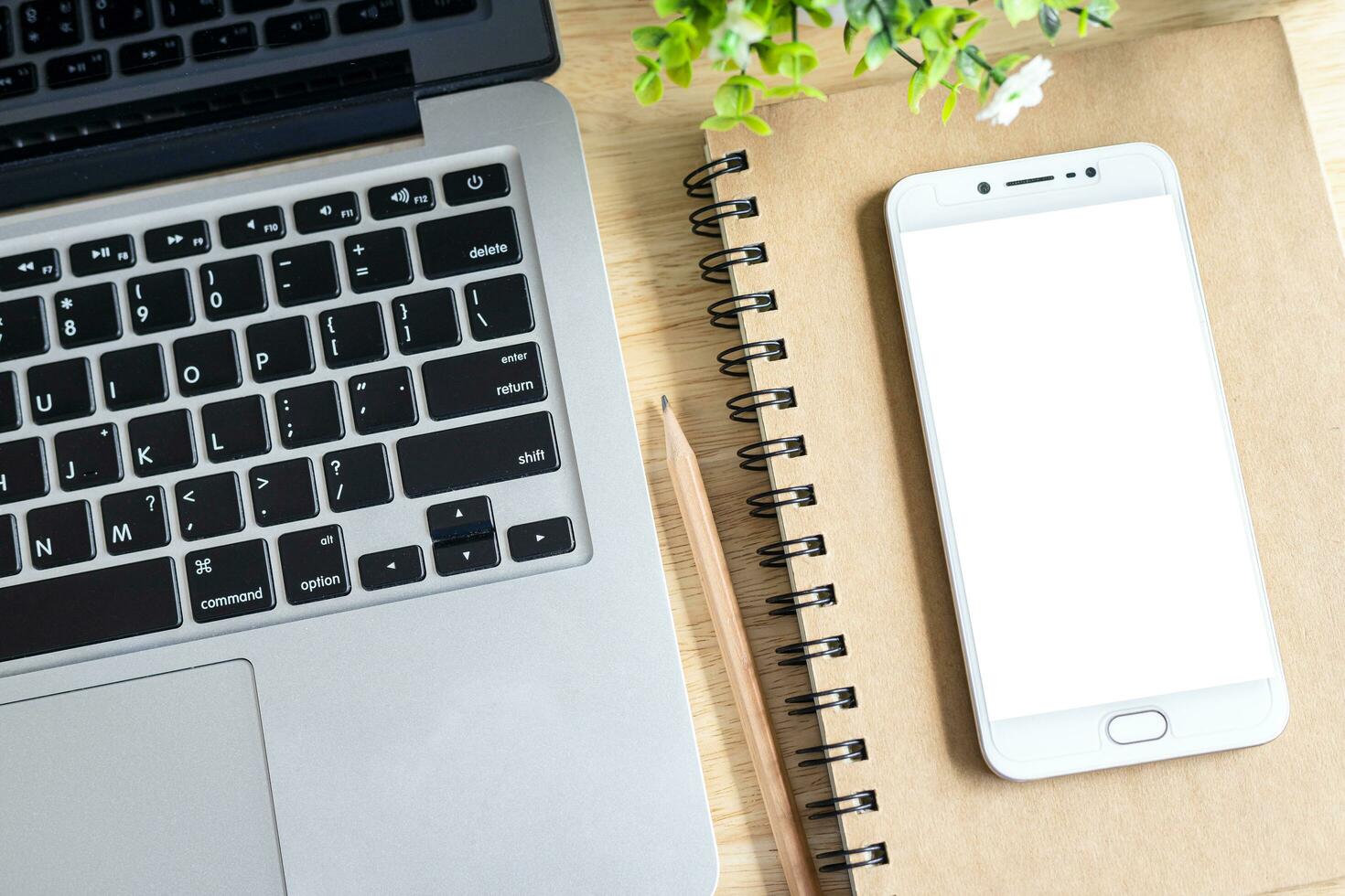 laptop with smartphone on notebook,a pencil and flower pot tree on wooden background,Top view office table. photo