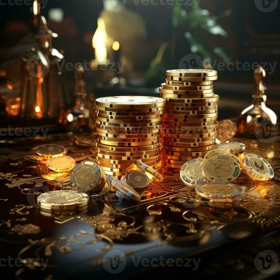 3D rendering image of gold and carbon VIP chip with diamond, casino, money, dice photo