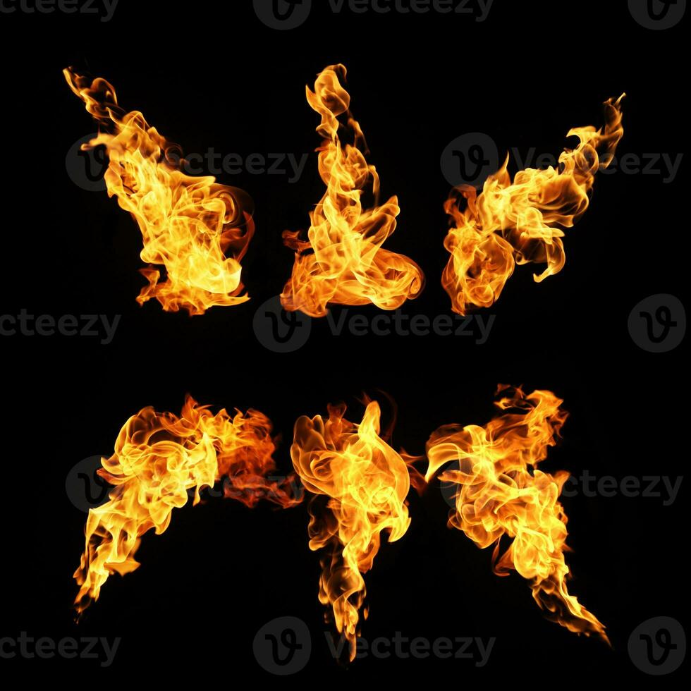 Fire flames collection isolated on black background photo