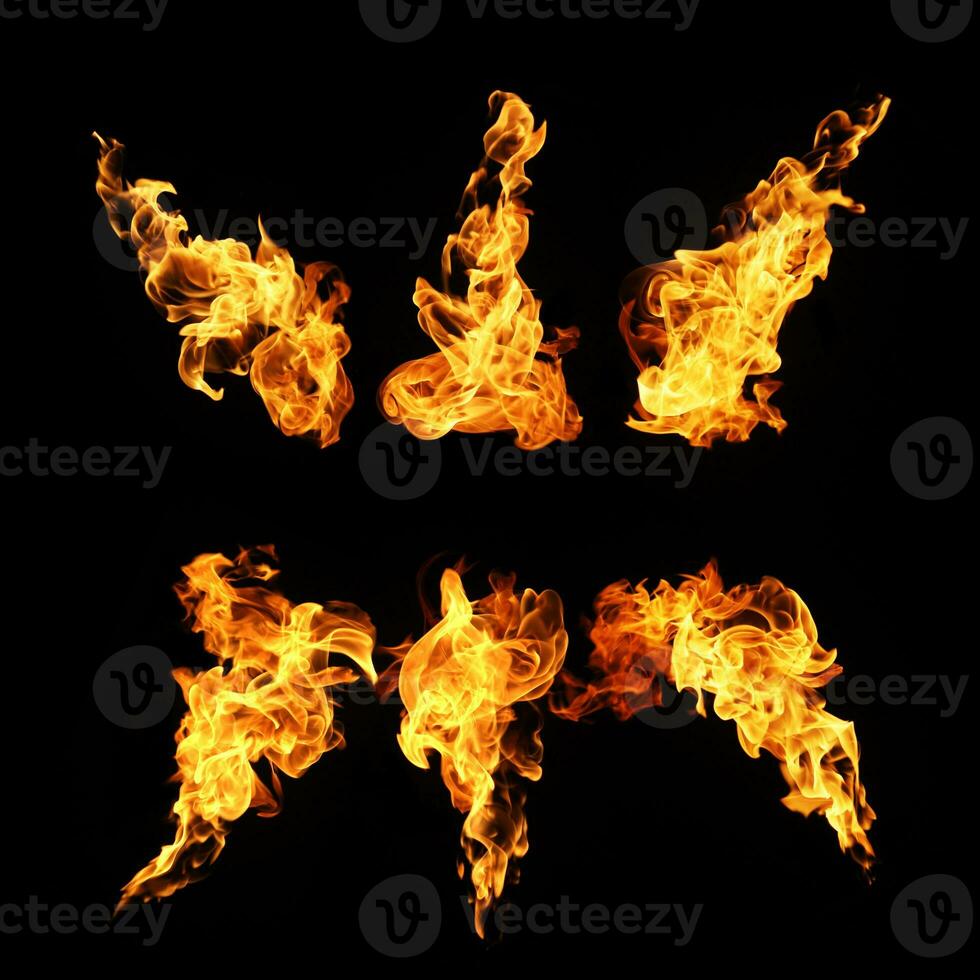 Fire flames collection isolated on black background photo