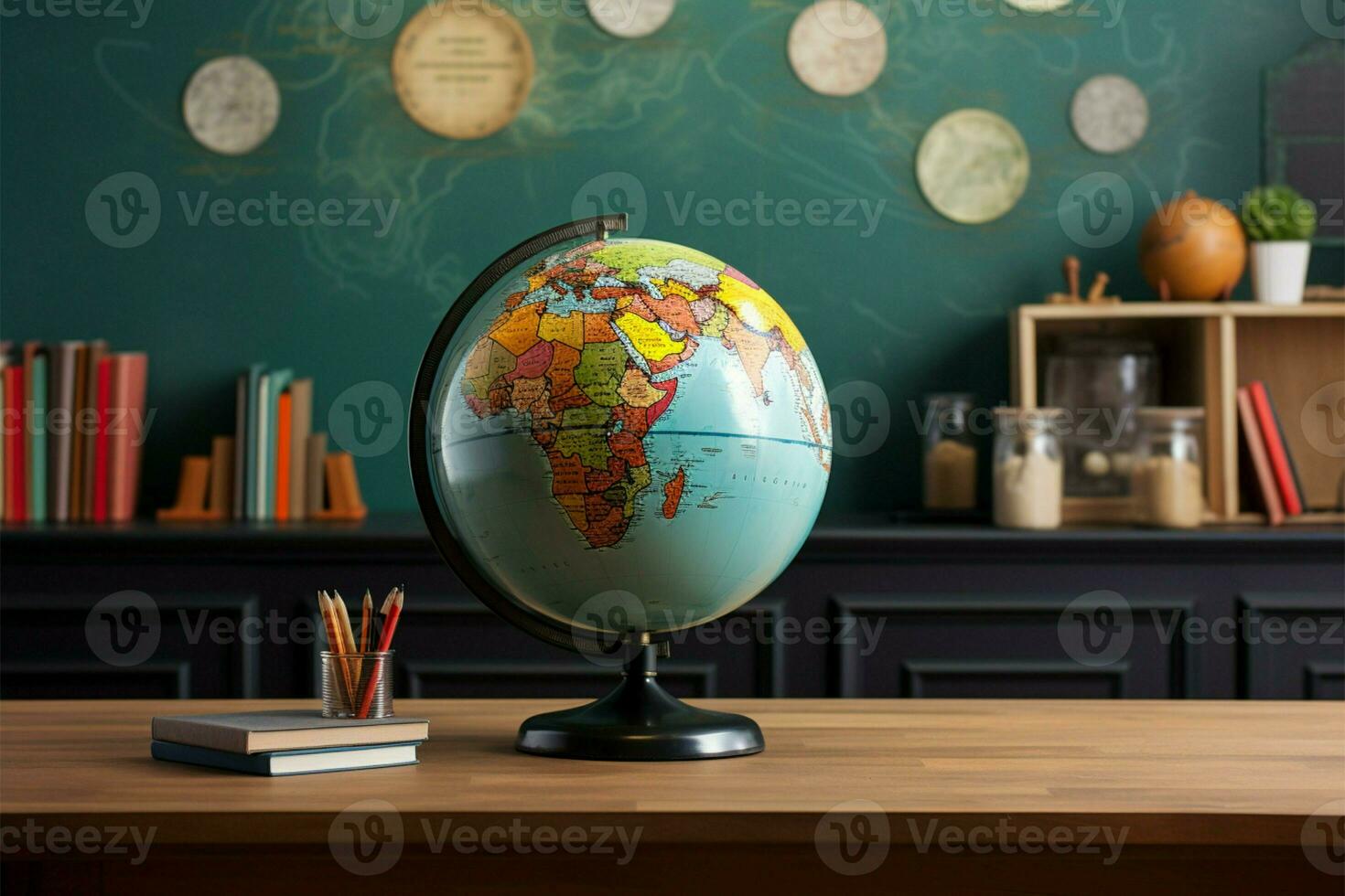 Educational background with a globe backdrop and school board front AI Generated photo