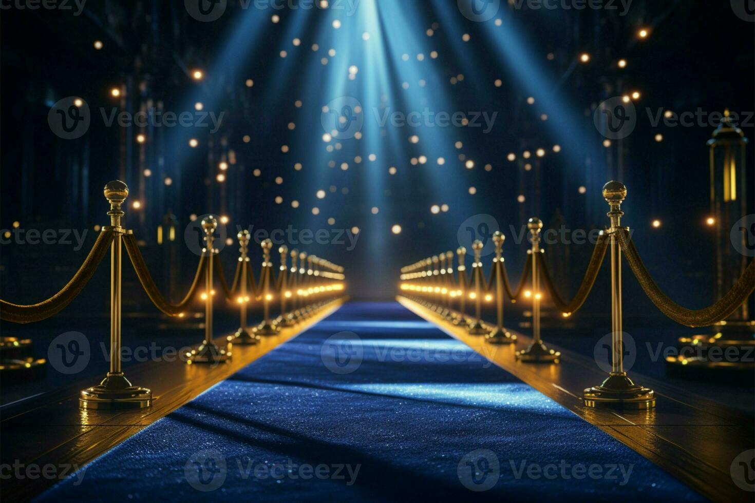 a blue carpet with rope and spotlights on it AI Generated photo