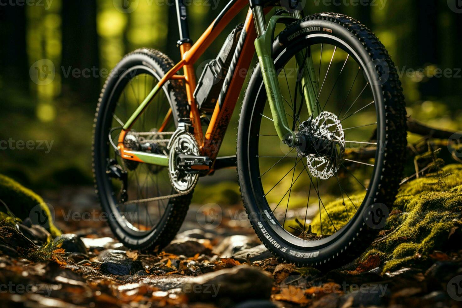 Selective focus Trailside mountain bike with flat tire, an unexpected pause in exploration AI Generated photo