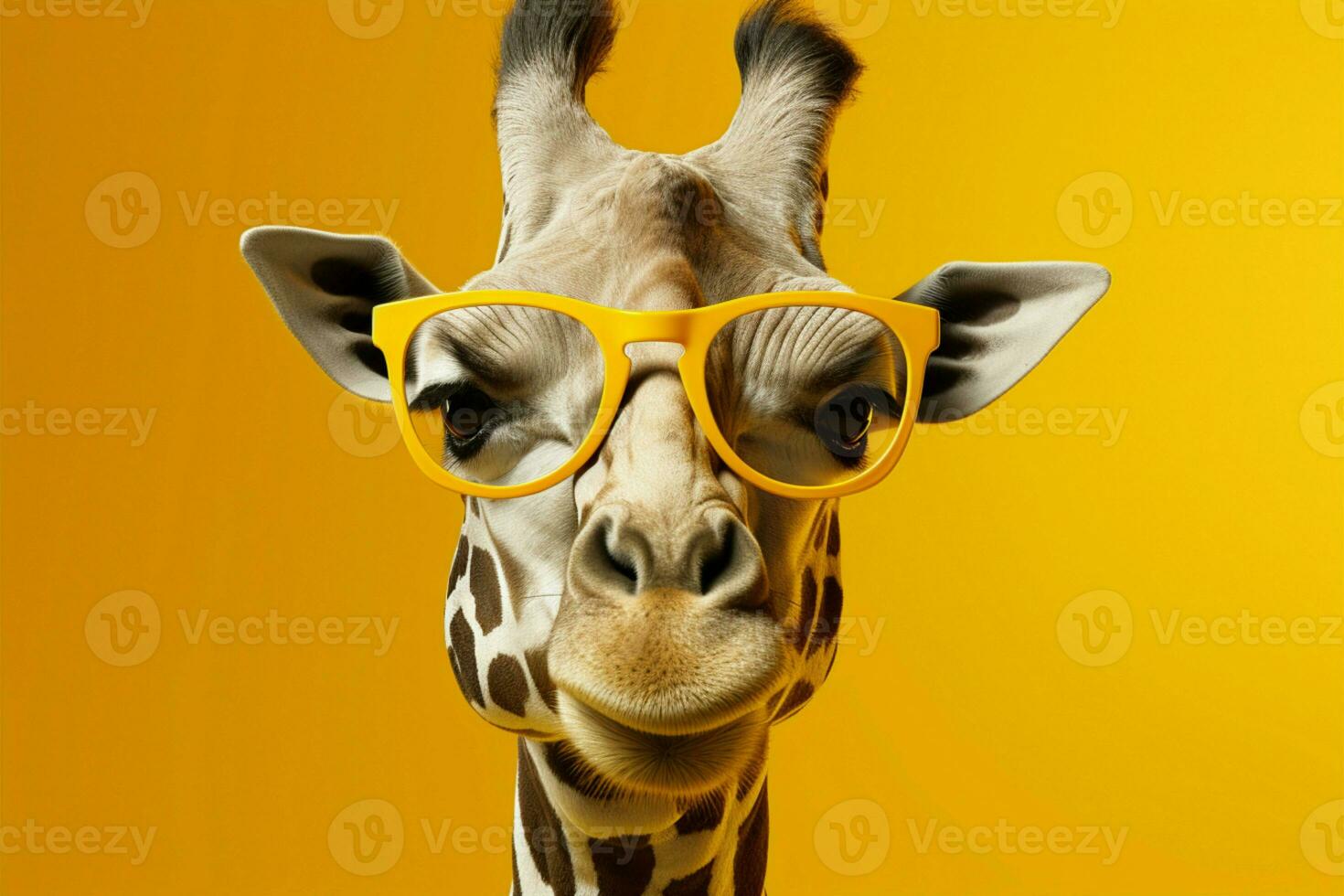 Yellow sunglasses bring a pop of style to this monochrome giraffe portrait AI Generated photo
