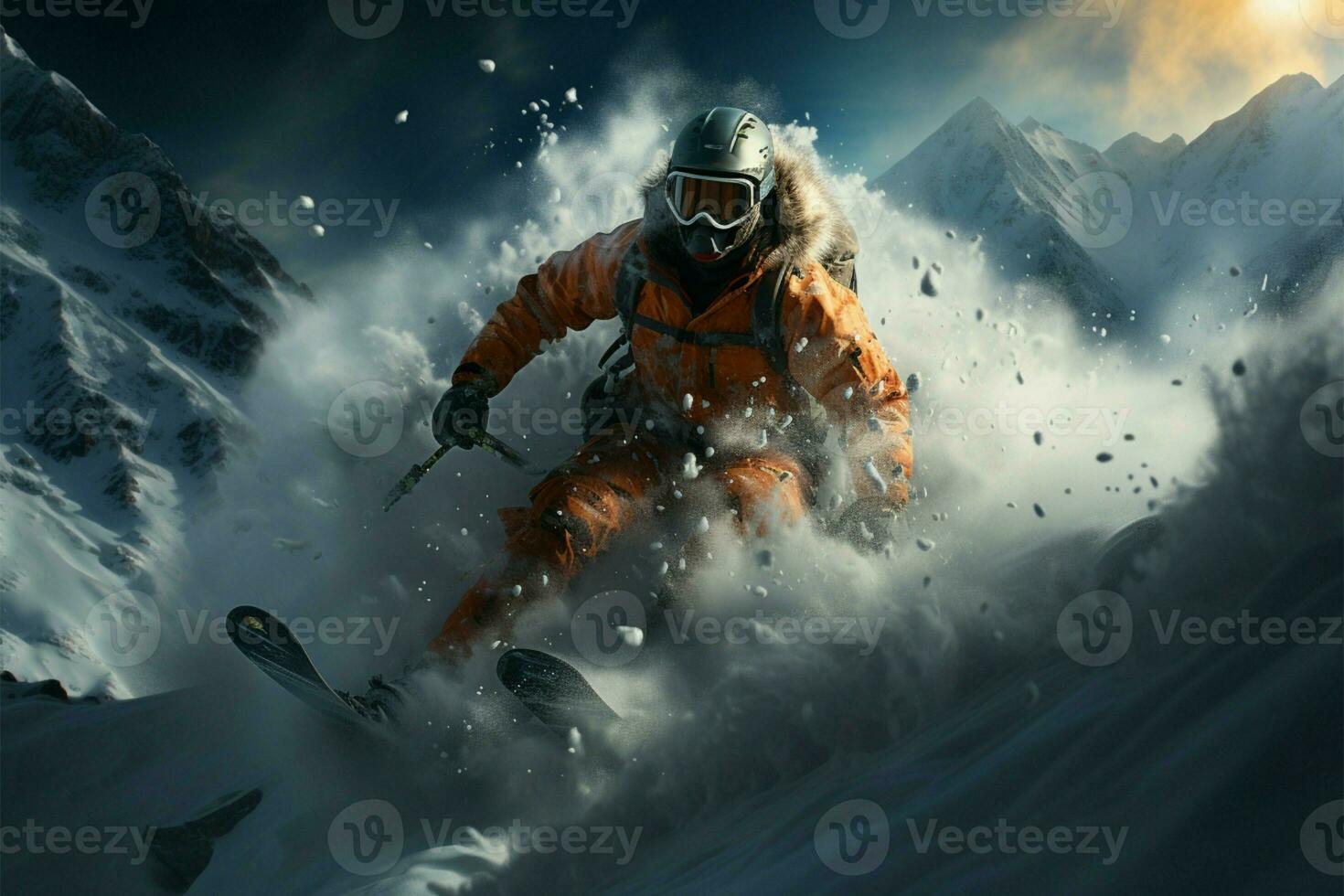 Skiing with precision, a man navigates the slopes with thrilling grace AI Generated photo
