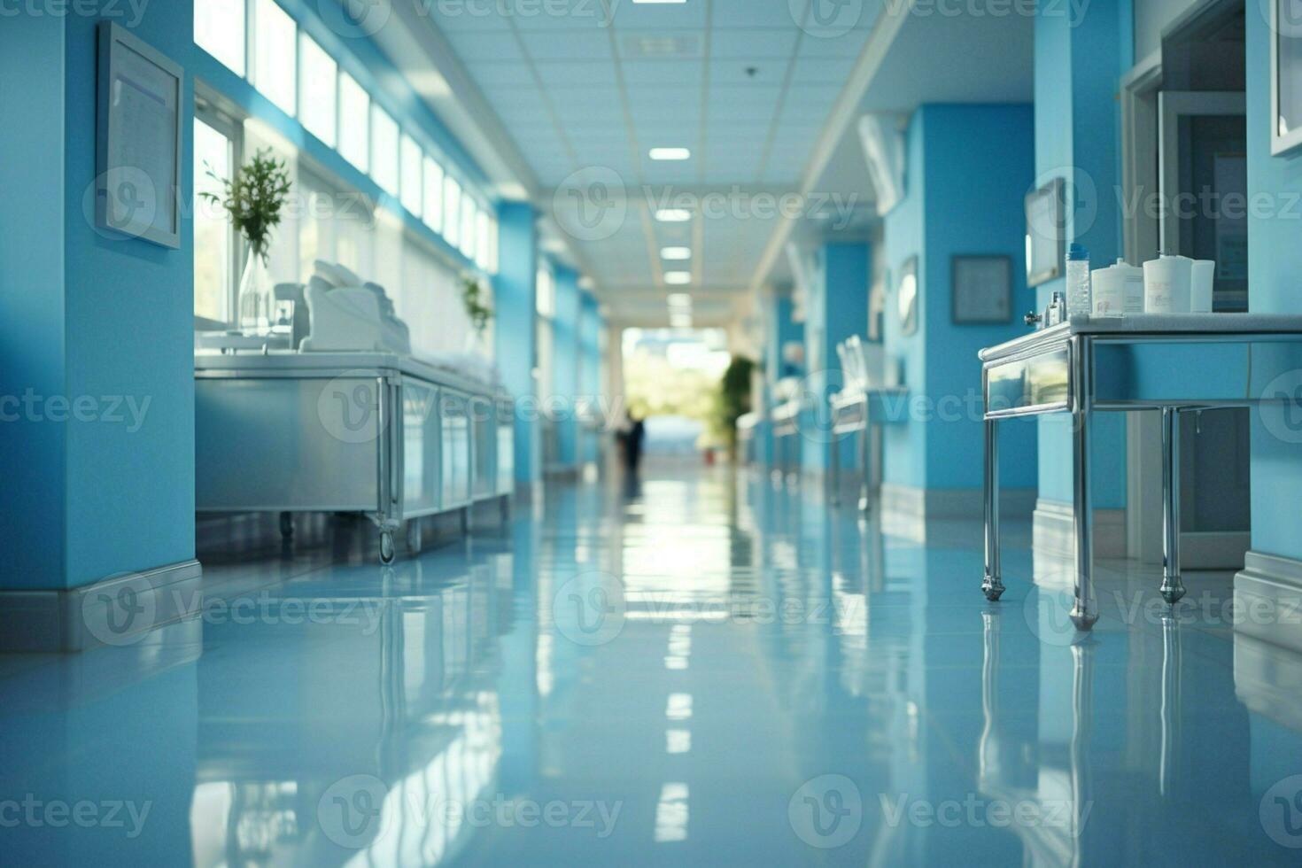 Background blur transforms hospital corridor, highlighting clinical path with subtle elegance AI Generated photo