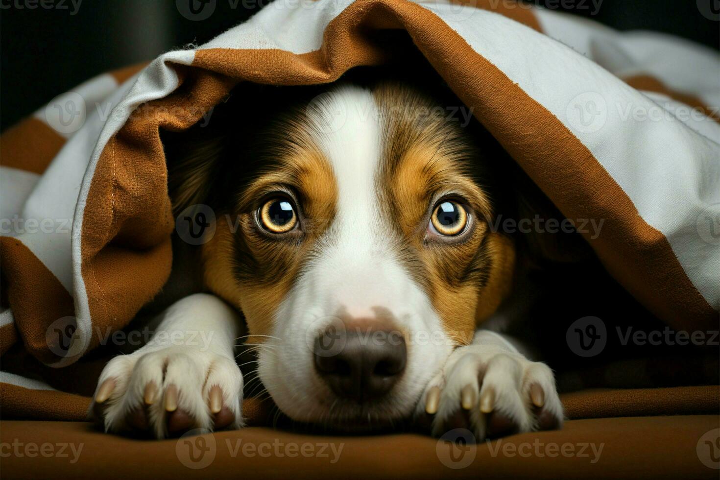 Brown and white dog rests atop a cozy bed blanket AI Generated photo