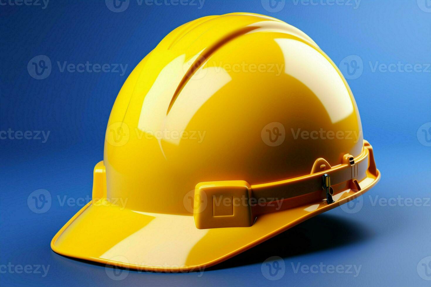 Vivid yellow hard hat isolated on blue, presented in realistic 3D rendering AI Generated photo