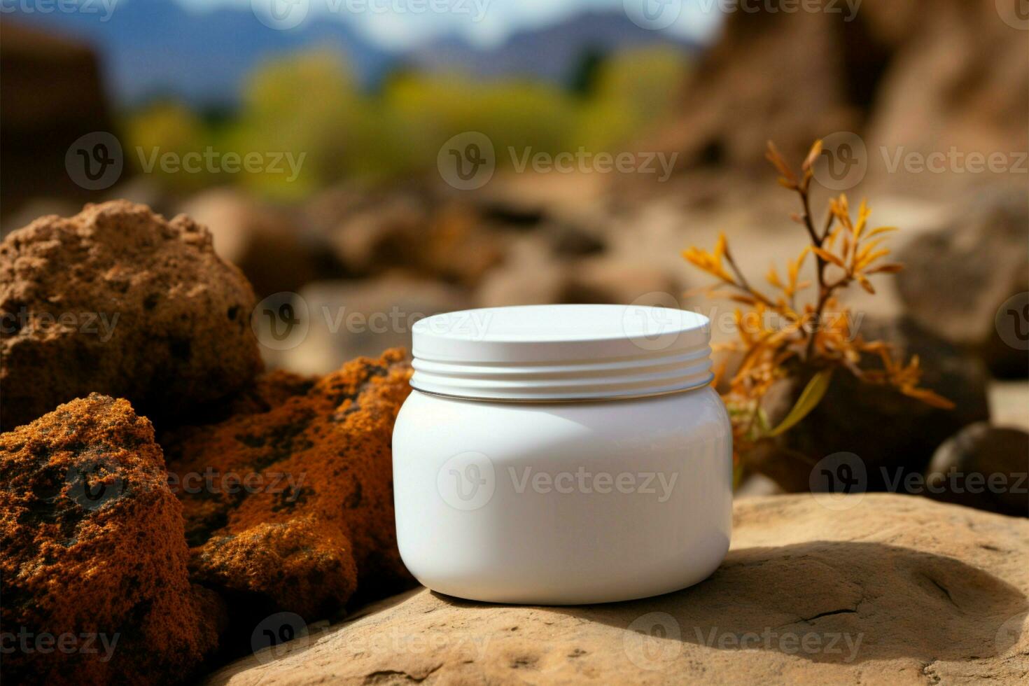 a white jar sitting on the ground next to a rock AI Generated photo