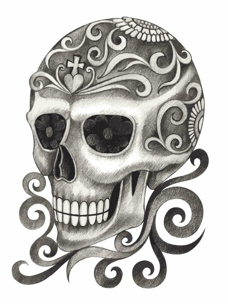 Sugar skull day of the dead hand drawing and make graphic vector. vector