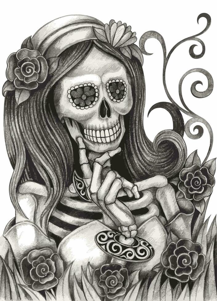 Fashion model skull day of the dead hand drawing on paper make graphic vector. vector