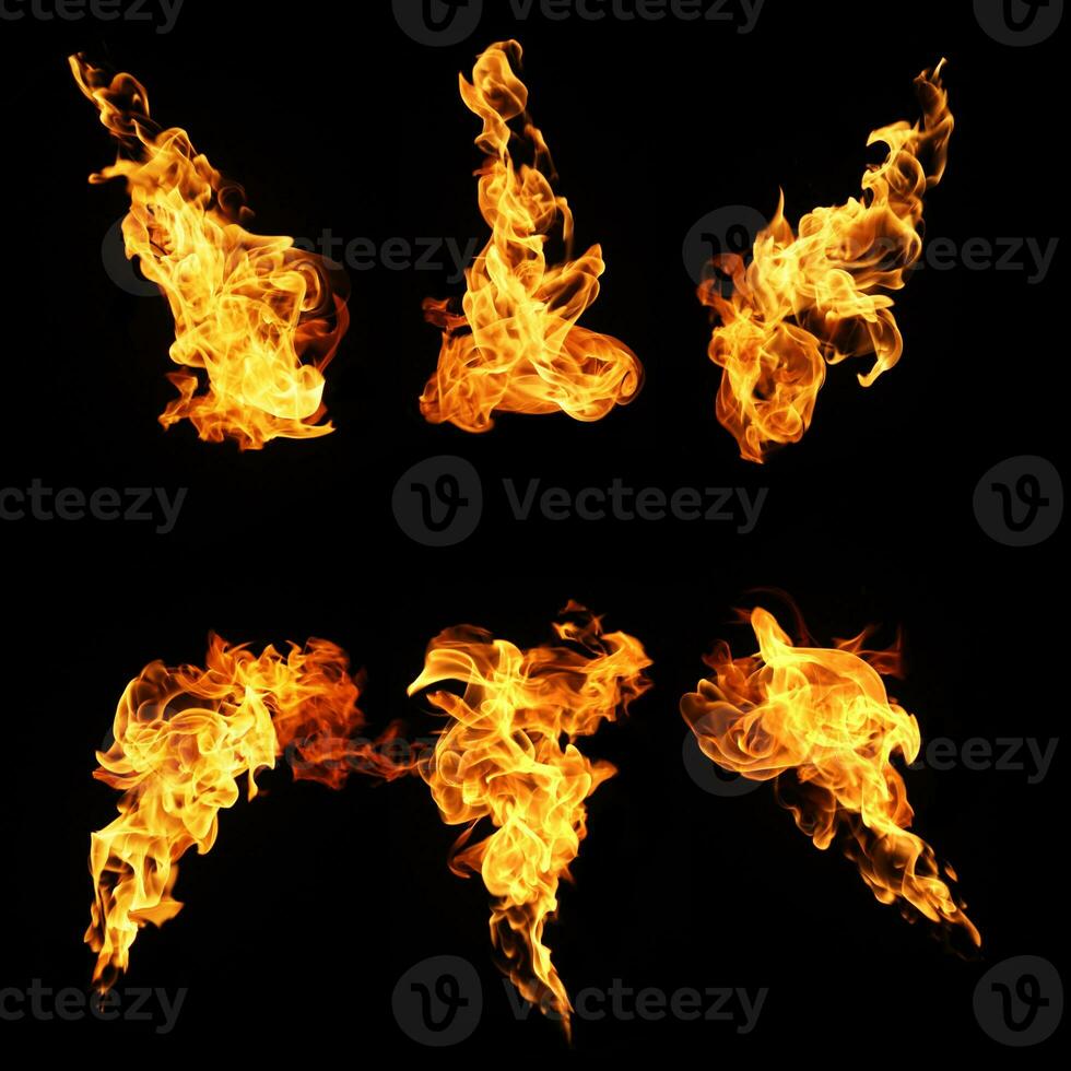 Fire flames collection isolated on black background photo