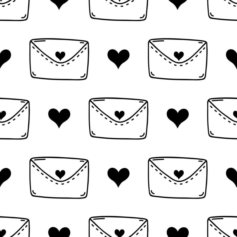 Envelope with heart seamless vector pattern. Closed love letter, secret romantic message. Mail for Valentine's Day, wedding, marriage, date. Hand drawn doodle.Black and white background for print, web