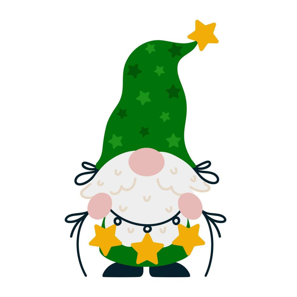 Bearded Christmas gnome vector illustration. A gray-haired elf holds a garland with stars in his hands. Santa Claus helper in a stocking cap and green clothes. Flat cartoon clipart for print, card