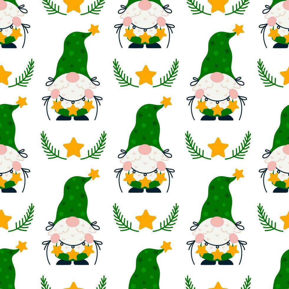 Bearded gnome with Christmas tree branches, seamless vector pattern. A gray-haired elf holds a garland with stars. Santa Claus helper in a stocking cap, green clothes. Flat cartoon background for web