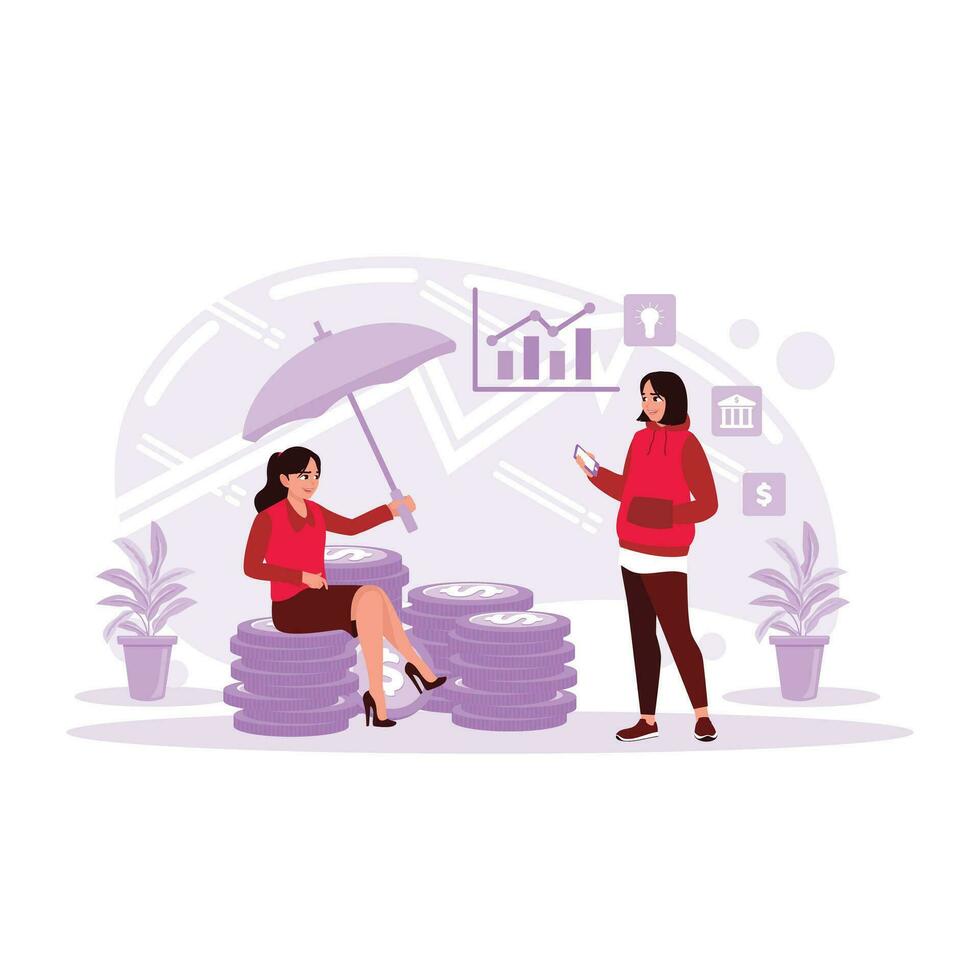 Business people are holding a money bag and falling for loans for investments planned in the future concept. Trend Modern vector flat illustration