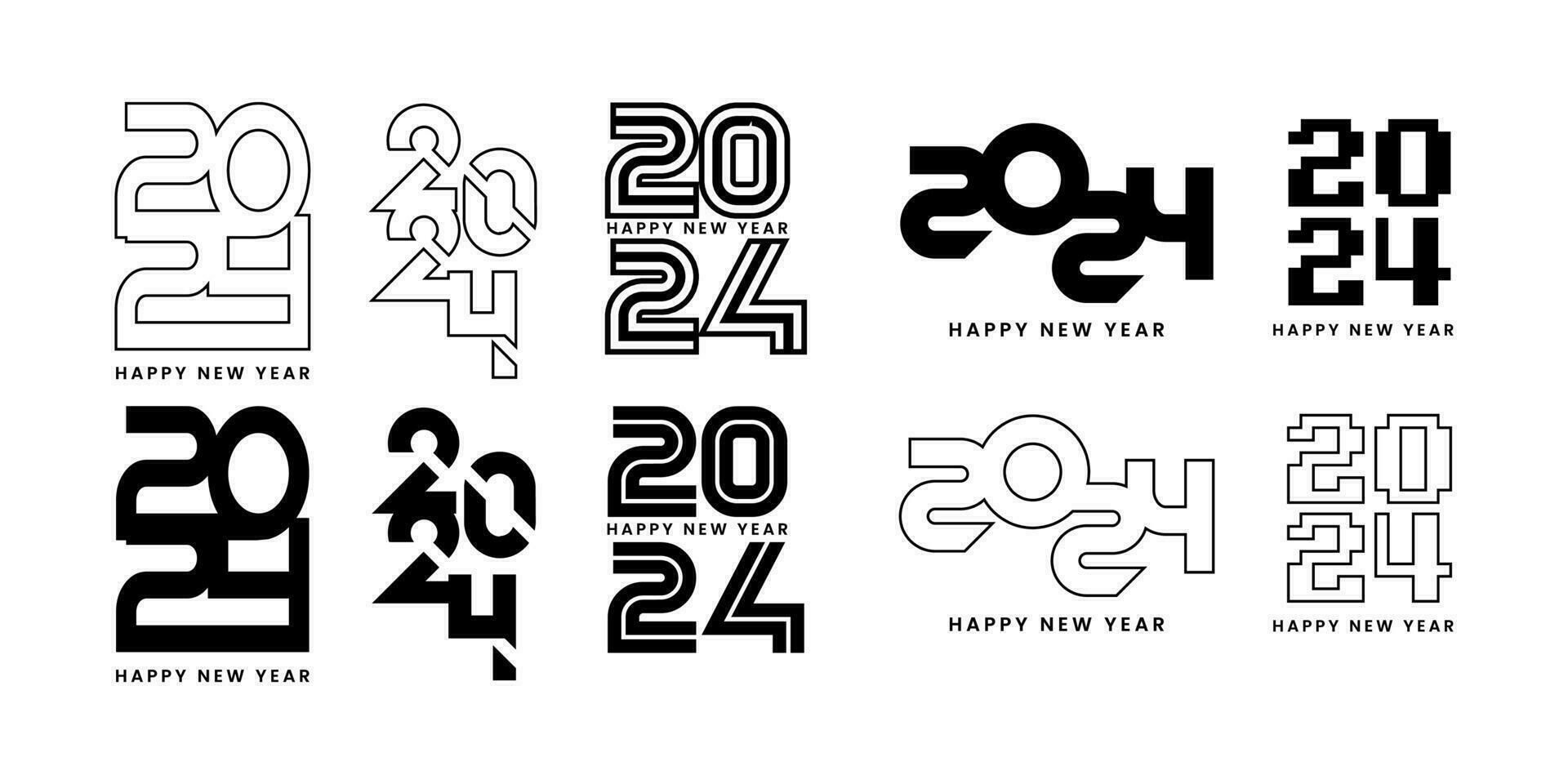 Set of 2024 Happy New Year logo text design template. Christmas symbols 2024 Happy New Year. Vector illustration with black labels logo for diaries, notebooks, calendars.
