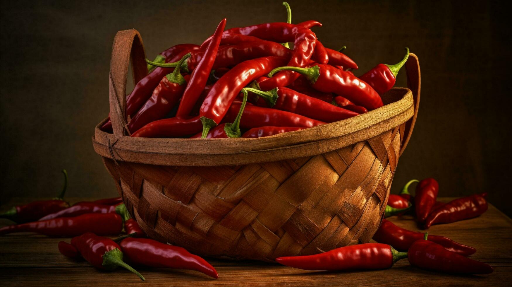 un de madera cesta lleno con rojo caliente pimientos, generativo ai foto