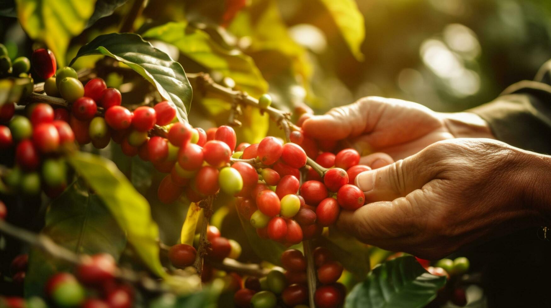 un persona cosecha bayas desde un árbol, generativo ai foto