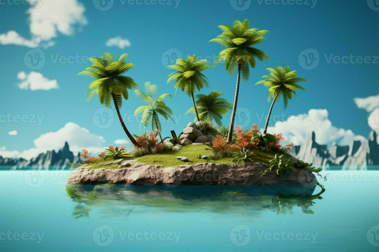 Two palm trees crown a serene, tiny island in the ocean AI Generated photo