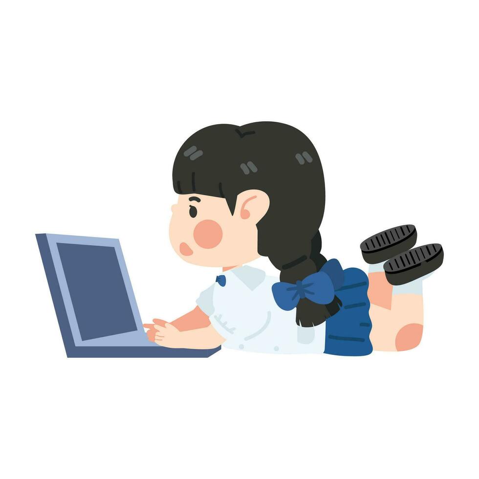 Kid girl student using laptop vector