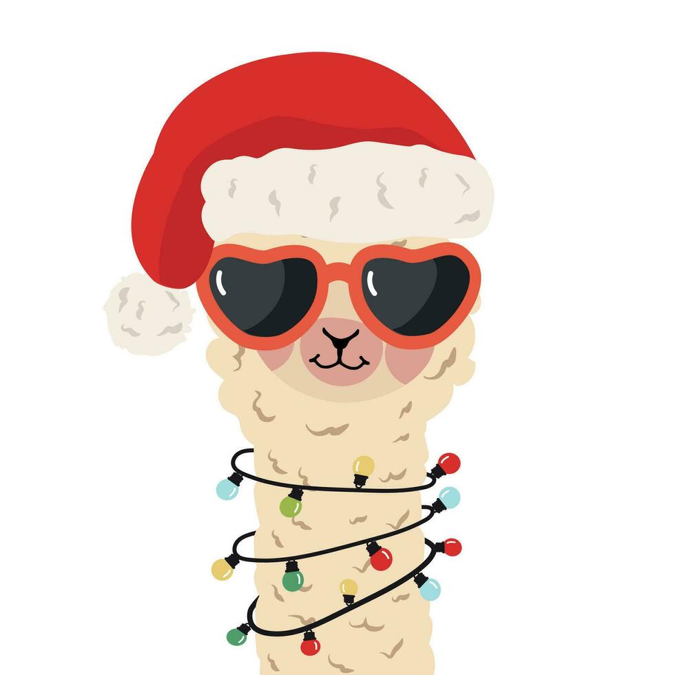 alpaca lama con ligero bulbo y Papa Noel sombrero vector