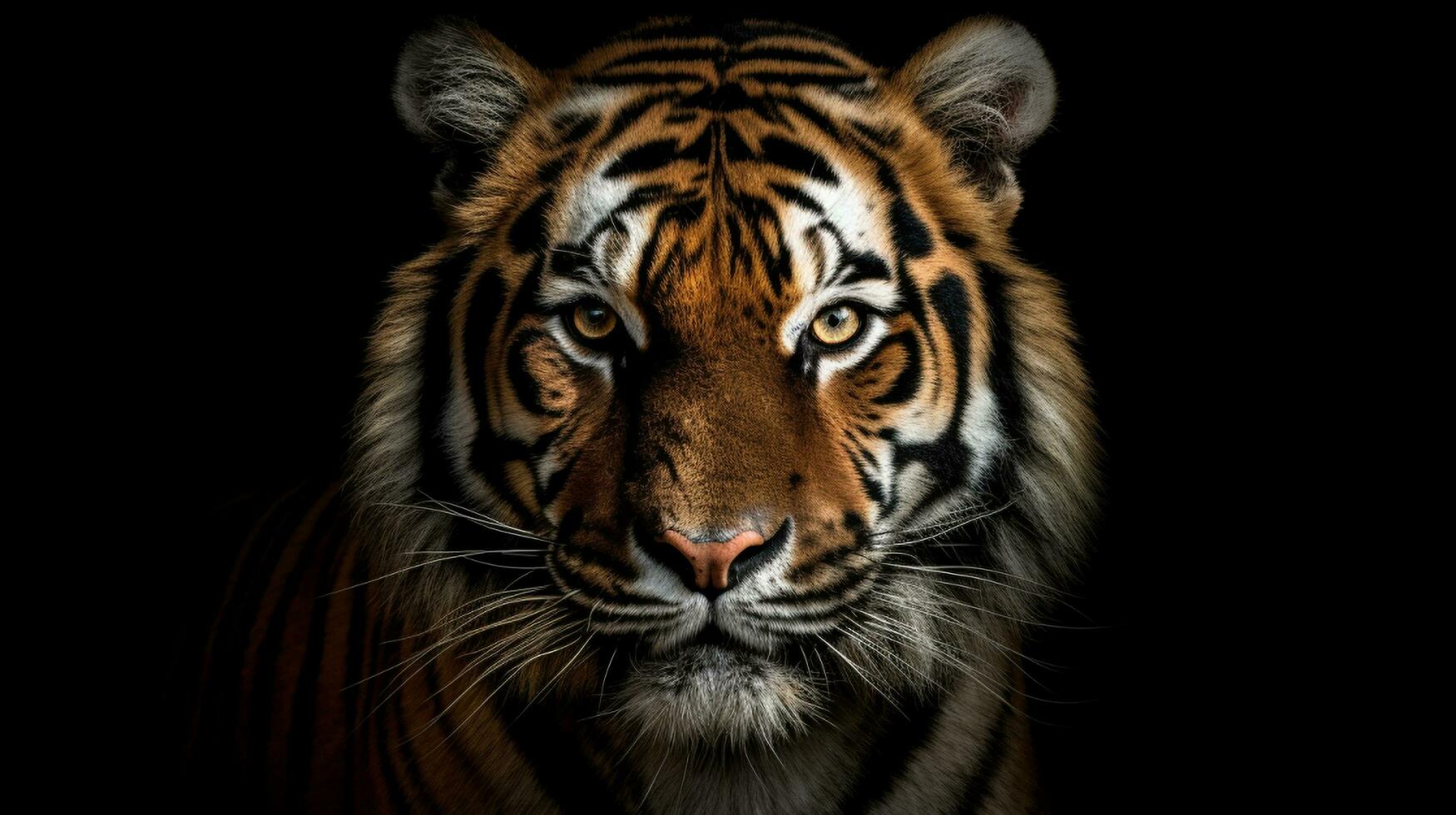 un cerca arriba de un Tigre en un negro fondo, generativo ai foto