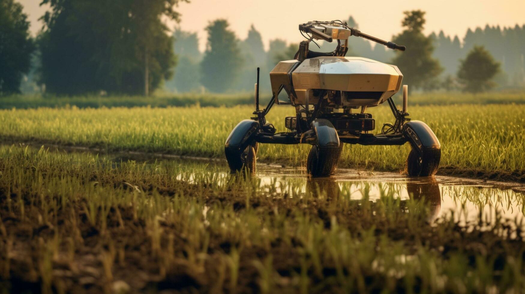 un tractor es conducción mediante un lodoso campo, generativo ai foto