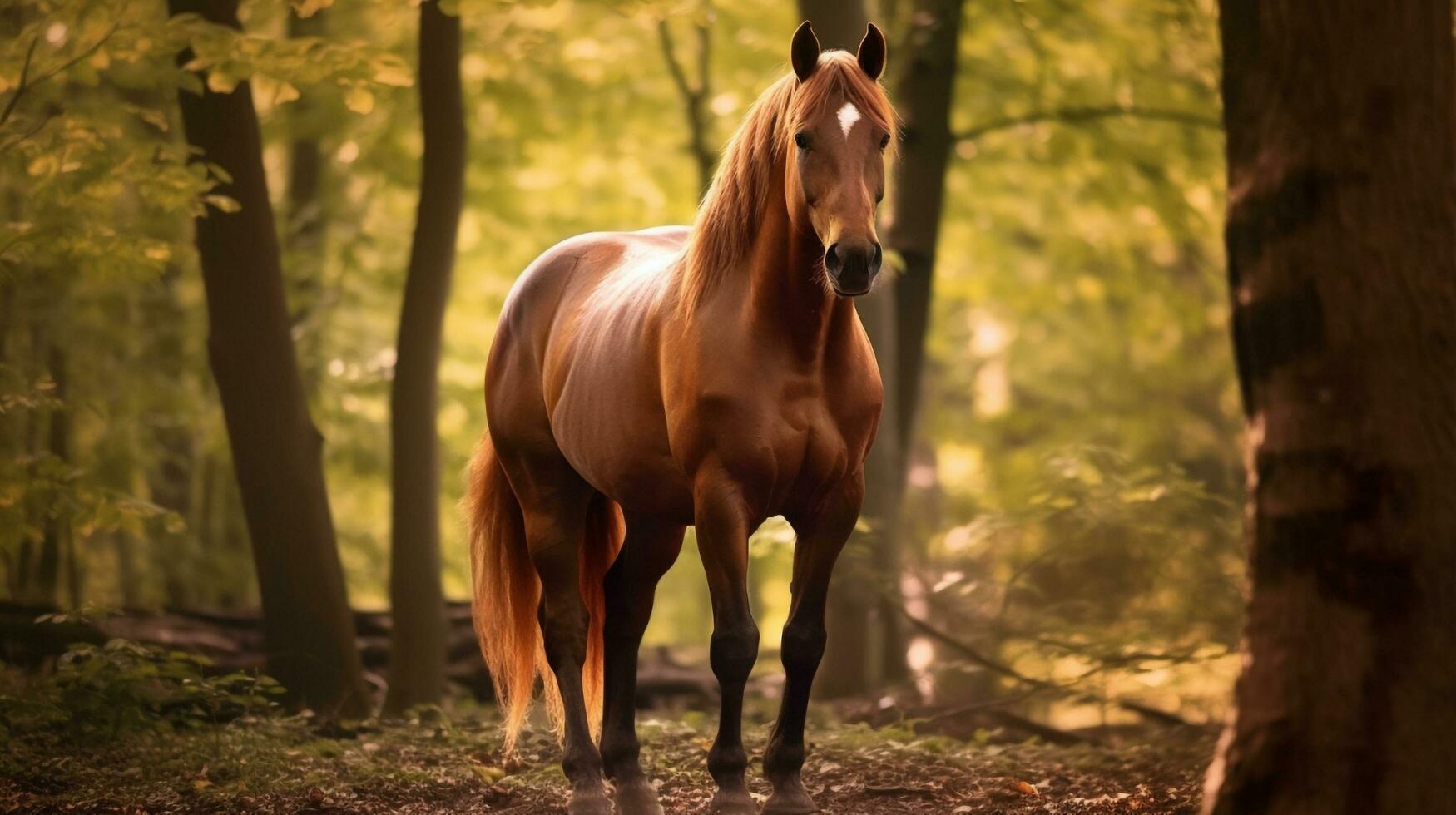 A horse standing in the middle of a forest, Generative AI photo