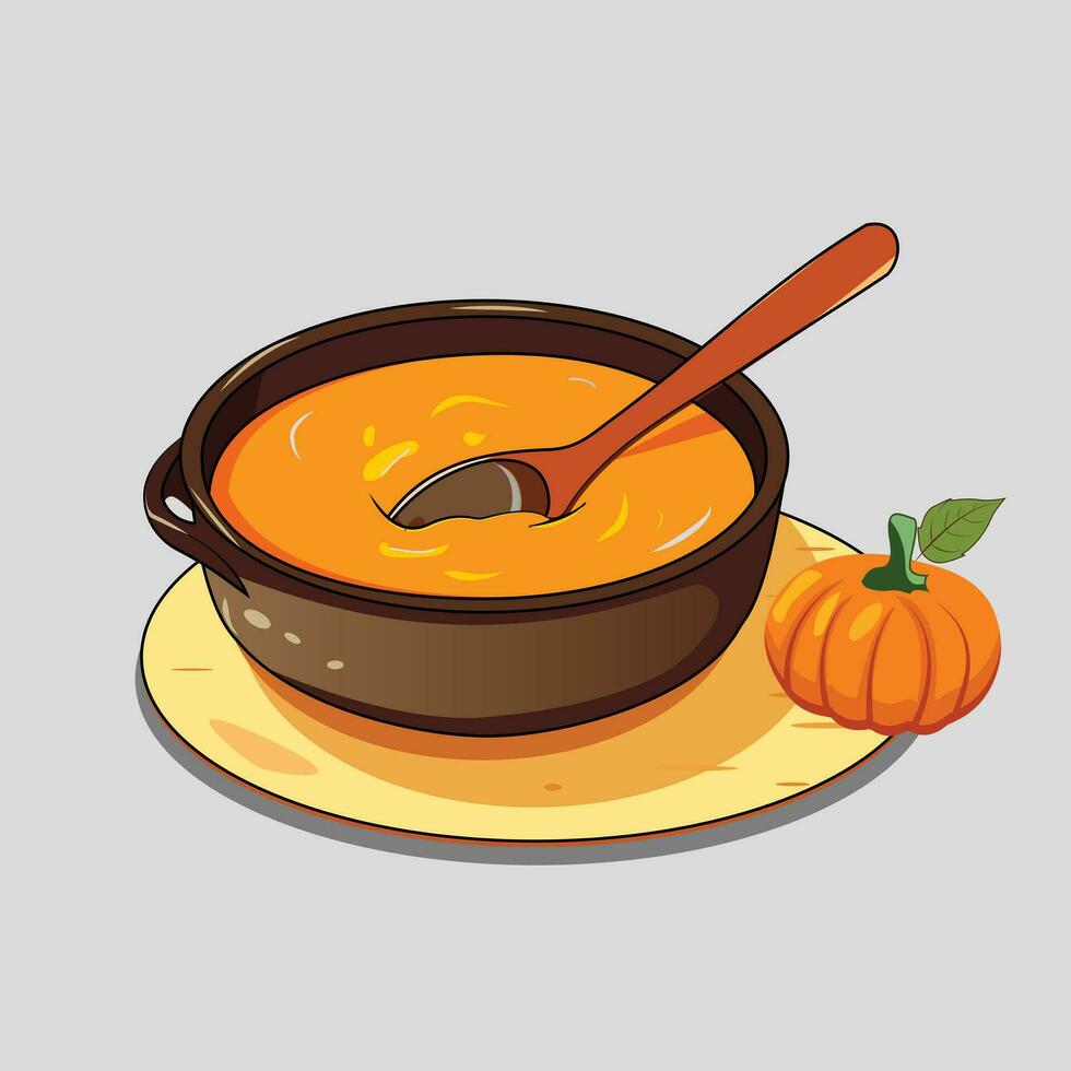 Pumpkin soup in black bowl vector illustration.Thanksgivings dinner item pumpkin soup.