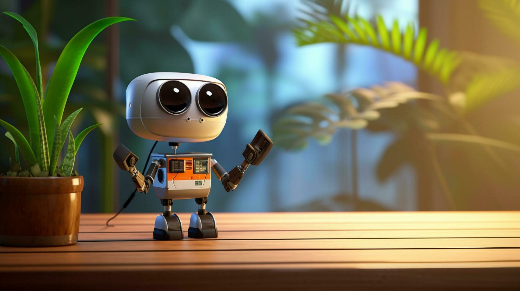 A robot holding a camera next to a potted plant, Generative AI photo