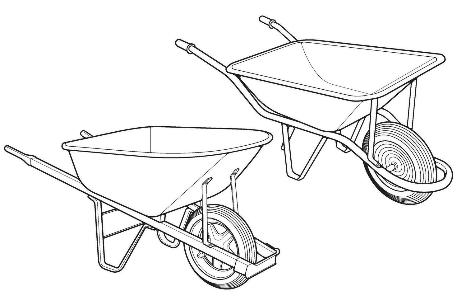Set of single Wheel Barrow vector .Trolley line art vector illustration isolated on white background.  Wheel Barrow outline illustration.