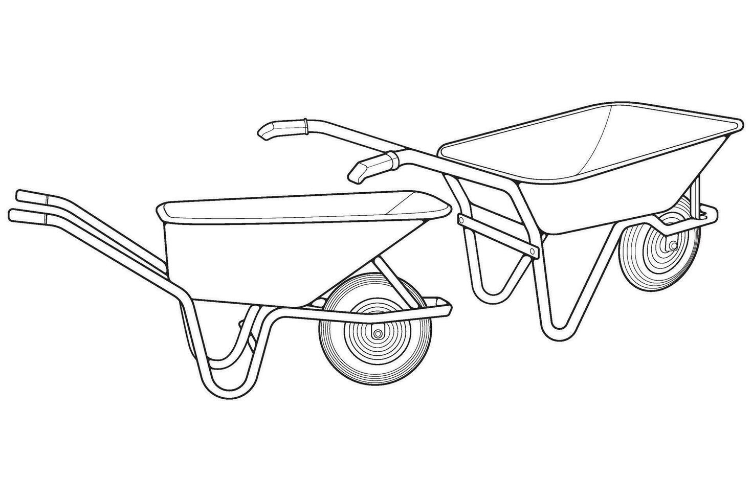 Set of single Wheel Barrow vector .Trolley line art vector illustration isolated on white background.  Wheel Barrow outline illustration.